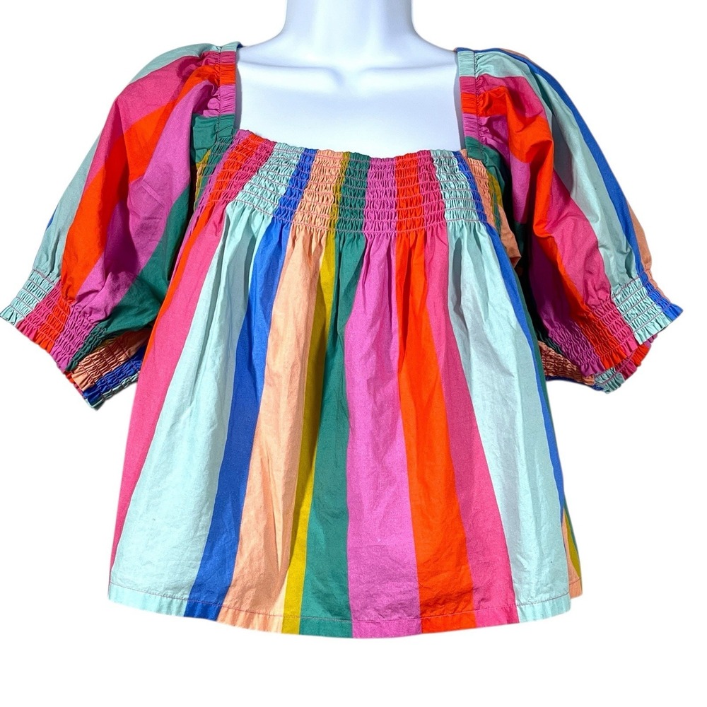 Mille Anthropologie Caro Rainbow Top Womens L 100% Cotton Smocking‎ Crop Swing